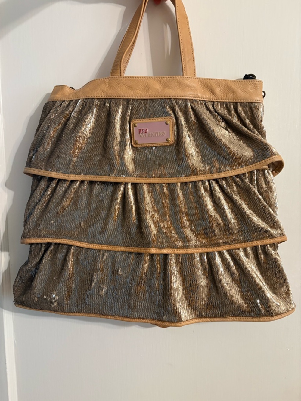 RED Valentino Gold Sequin Tiered Tote with Tan Trim
